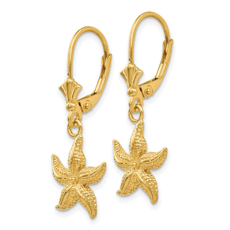 14k Yellow Gold Starfish Dangle Earrings, Textured Marine Life Design, Coastal Summer Style
