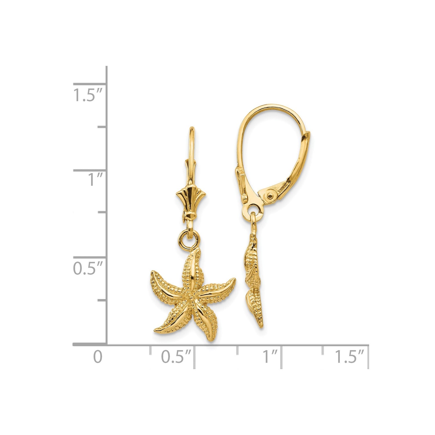 14k Yellow Gold Starfish Dangle Earrings, Textured Marine Life Design, Coastal Summer Style