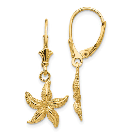 14k Yellow Gold Starfish Dangle Earrings, Textured Marine Life Design, Coastal Summer Style