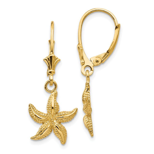 14k Yellow Gold Starfish Dangle Earrings, Textured Marine Life Design, Coastal Summer Style