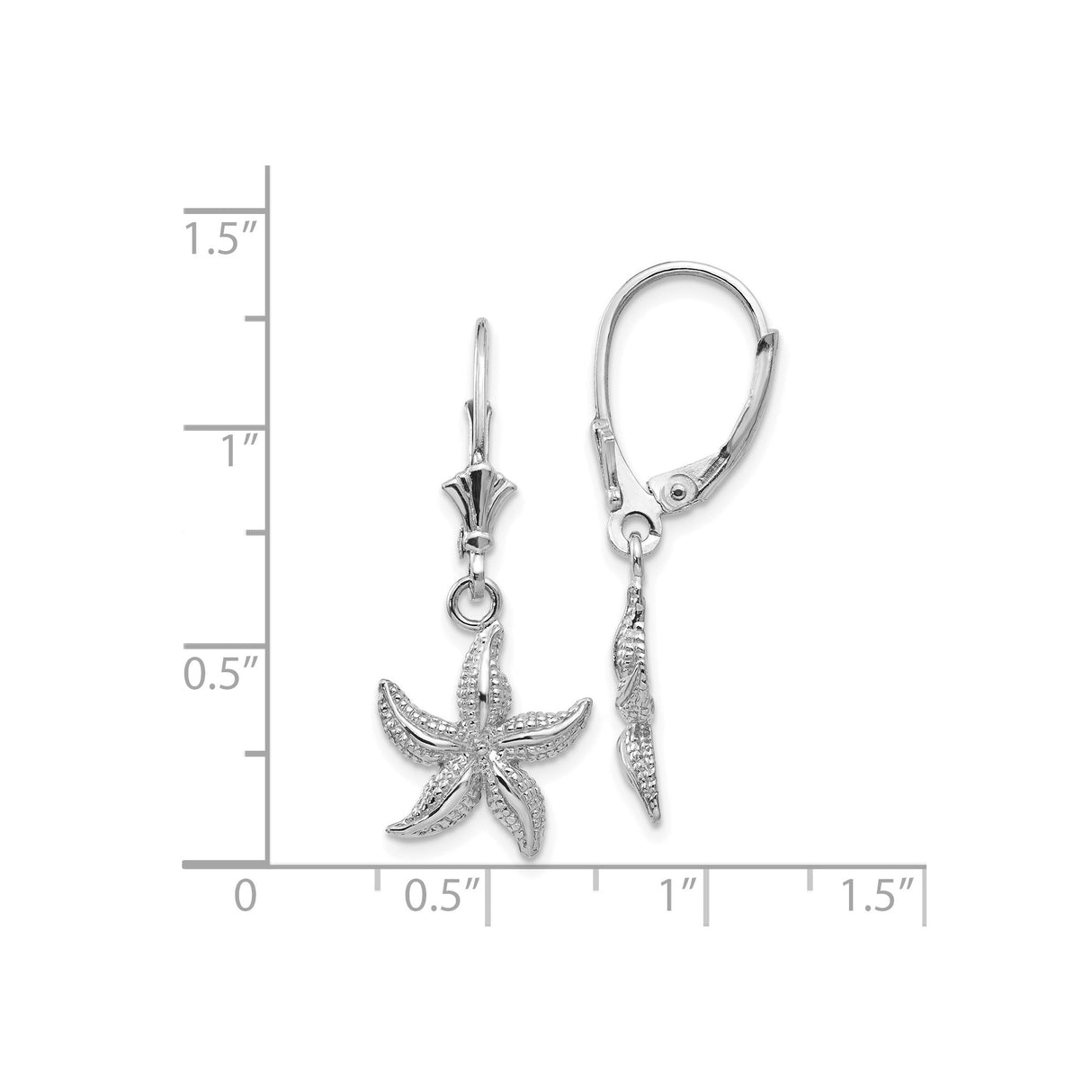 14k White Gold Starfish Dangle Leverback Earrings, Textured Nautical Ocean Design