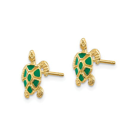 14k Yellow Gold Sea Turtle Stud Earrings with Green Enamel Shell Detail, Ocean Theme Jewelry