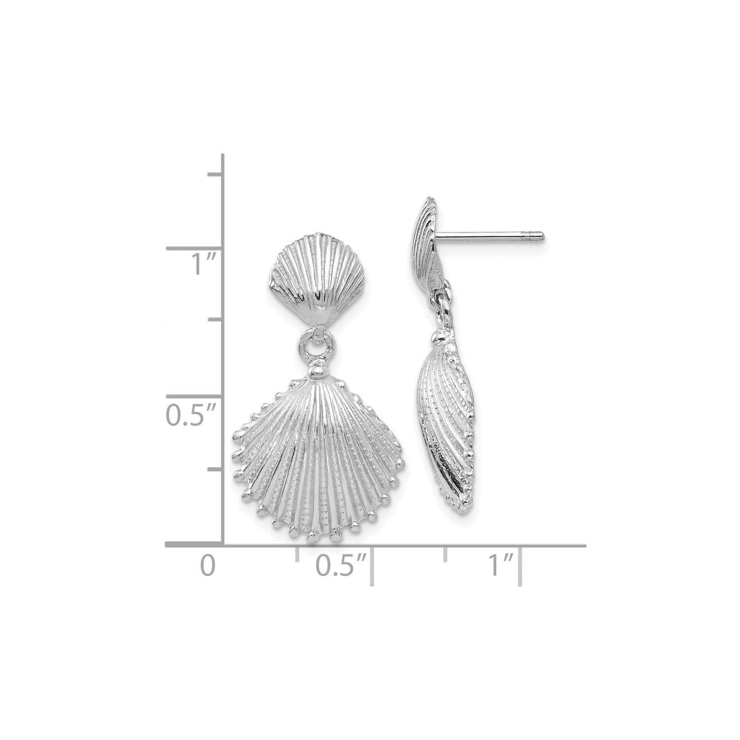 14k White Gold Seashell Dangle Earrings with Scallop Shell Design, Nautical Beach Style Jewelry