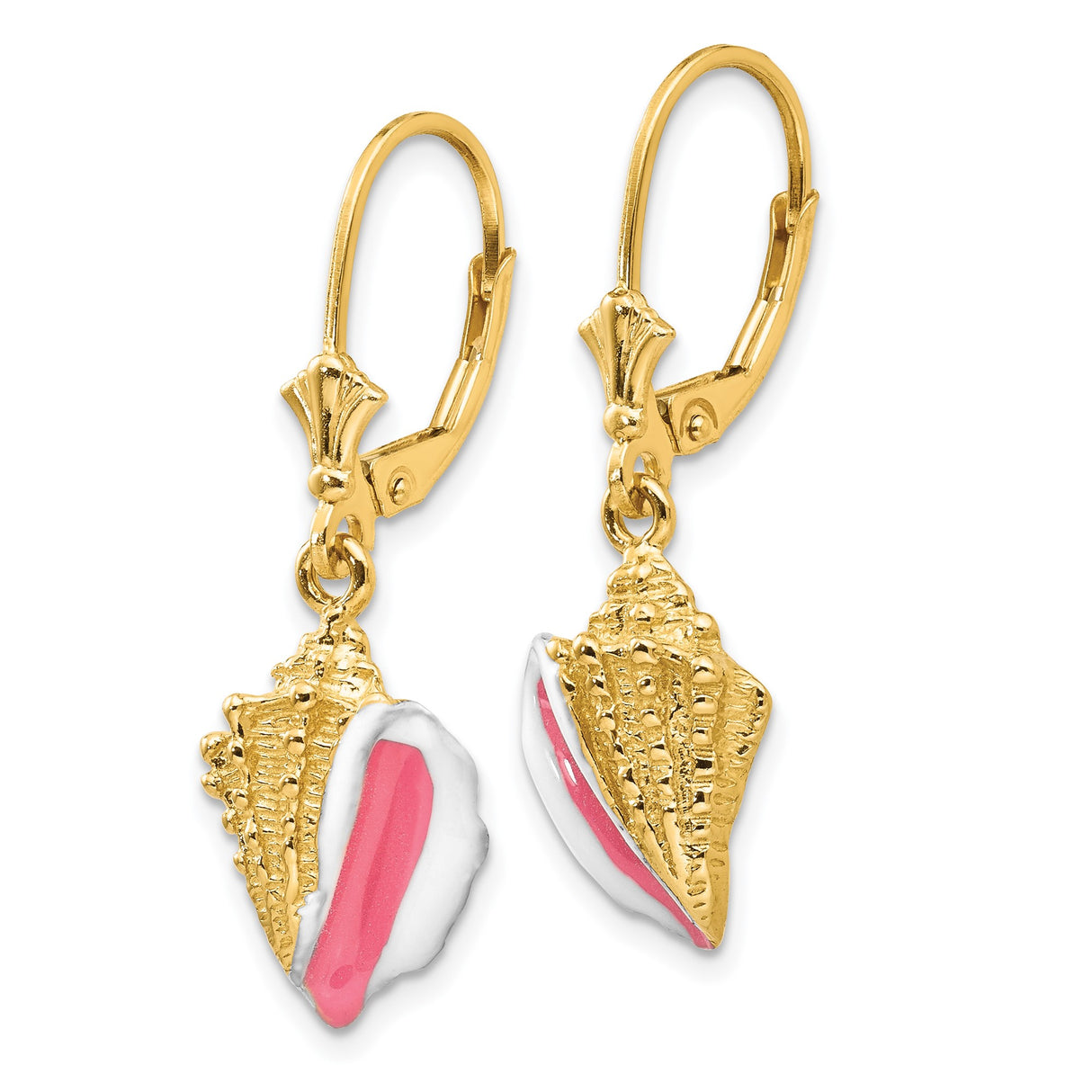 14k Yellow Gold Leverback Earrings with Conch Shell Charms, Pink and White Enamel, Nautical Style