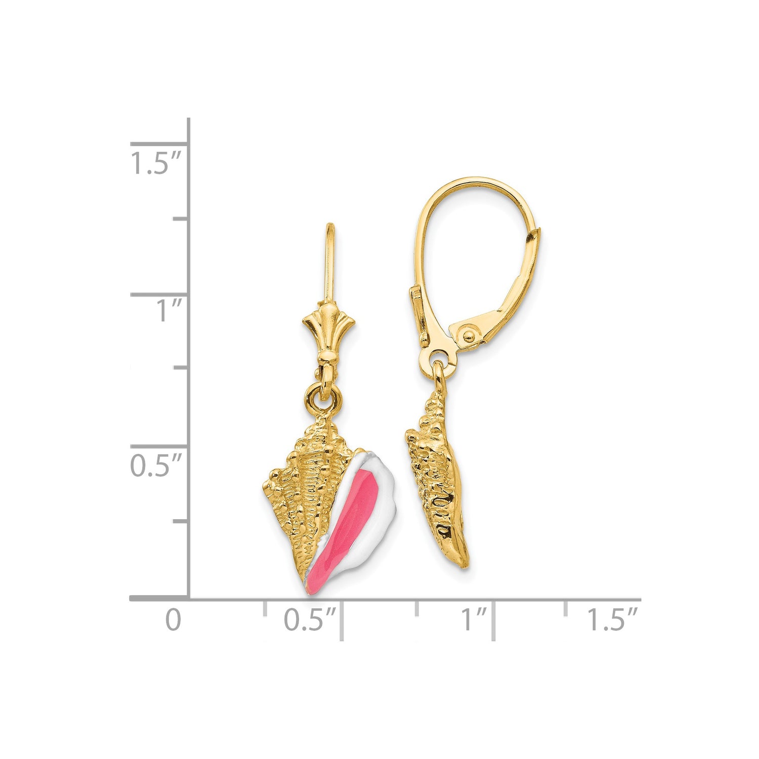 14k Yellow Gold Leverback Earrings with Conch Shell Charms, Pink and White Enamel, Nautical Style