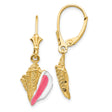 14k Yellow Gold Leverback Earrings with Conch Shell Charms, Pink and White Enamel, Nautical Style