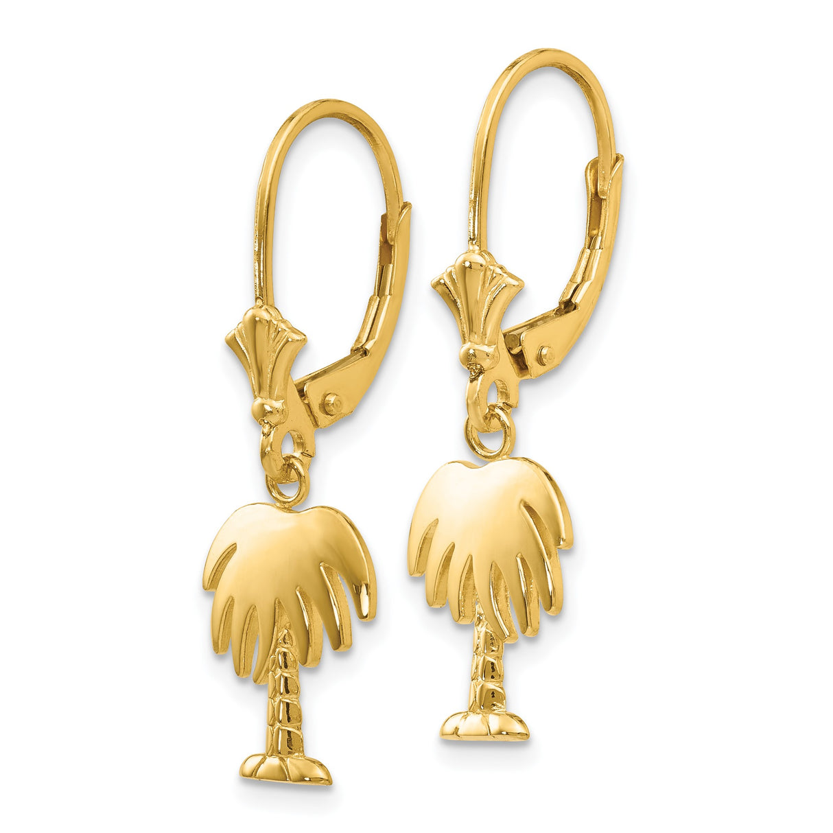 14k Yellow Gold Dangle Earrings with Polished Palm Tree Charm, Leverback Design