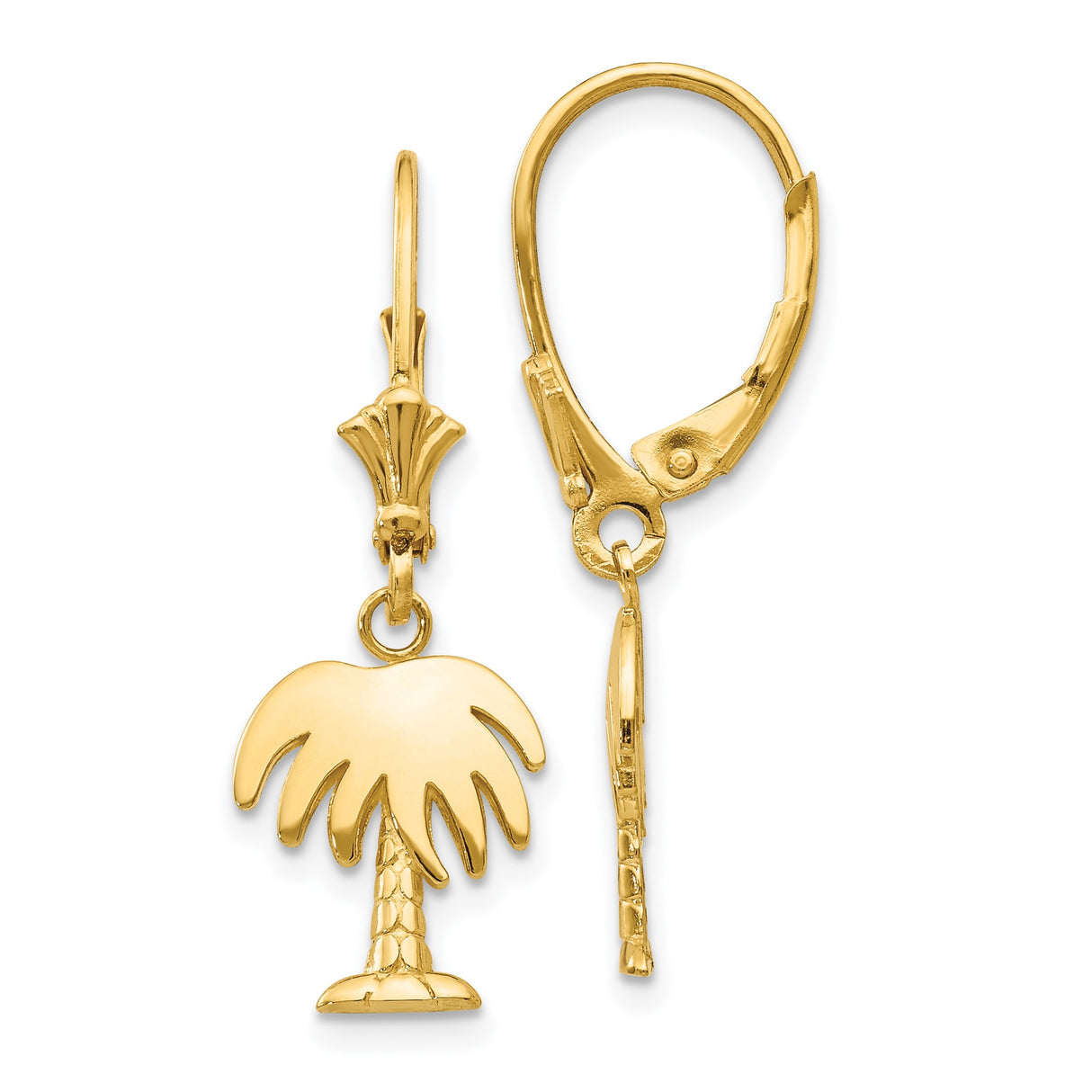 14k Yellow Gold Dangle Earrings with Polished Palm Tree Charm, Leverback Design