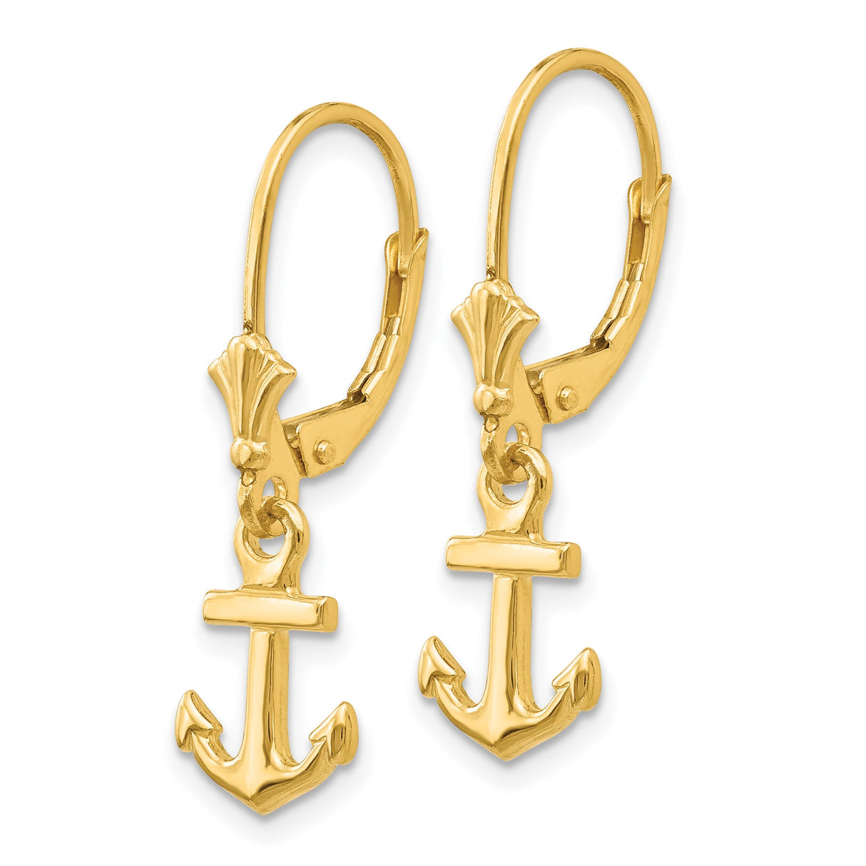 14k Yellow Gold Anchor Dangle Earrings, Nautical Theme Symbolizing Hope and Strength