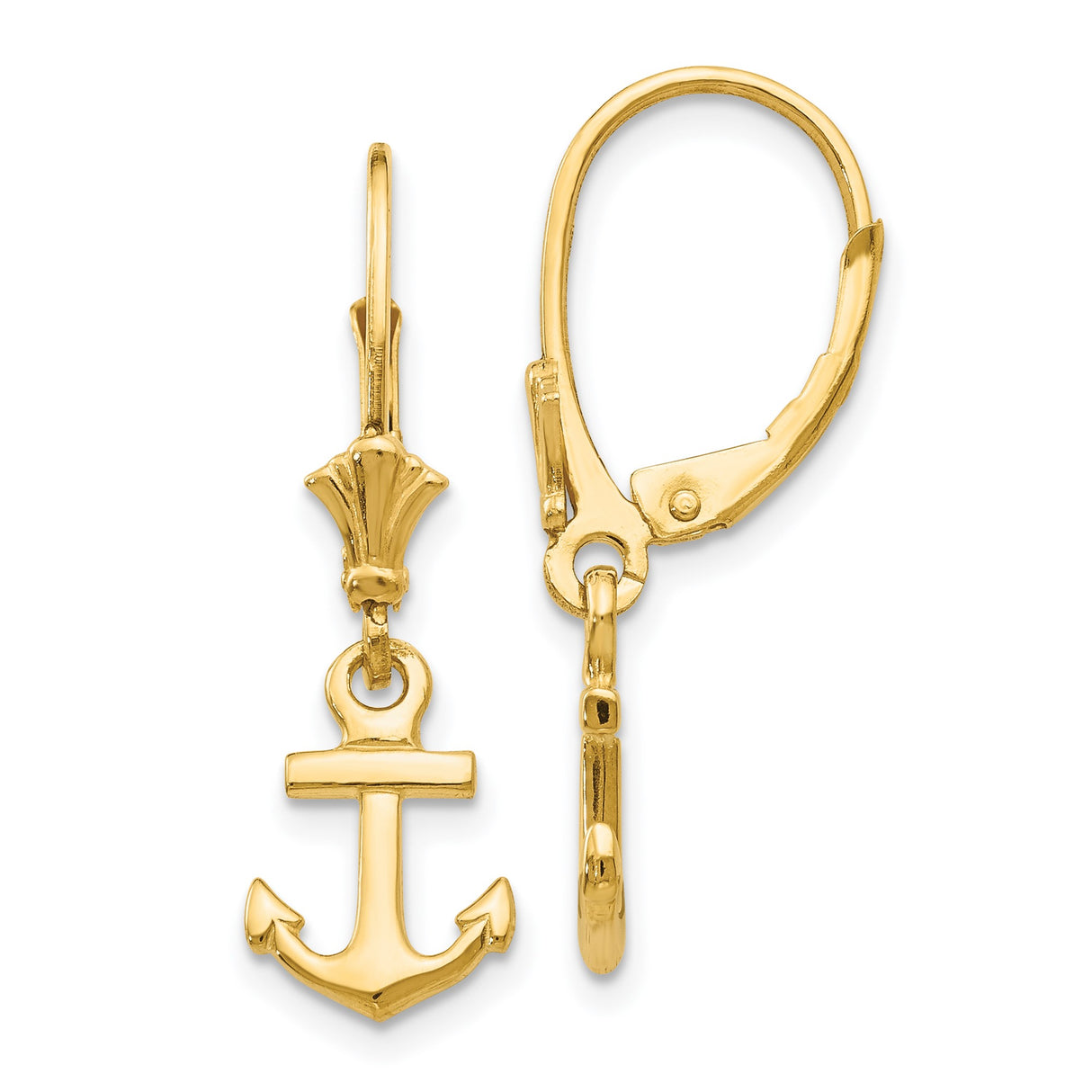 14k Yellow Gold Anchor Dangle Earrings, Nautical Theme Symbolizing Hope and Strength