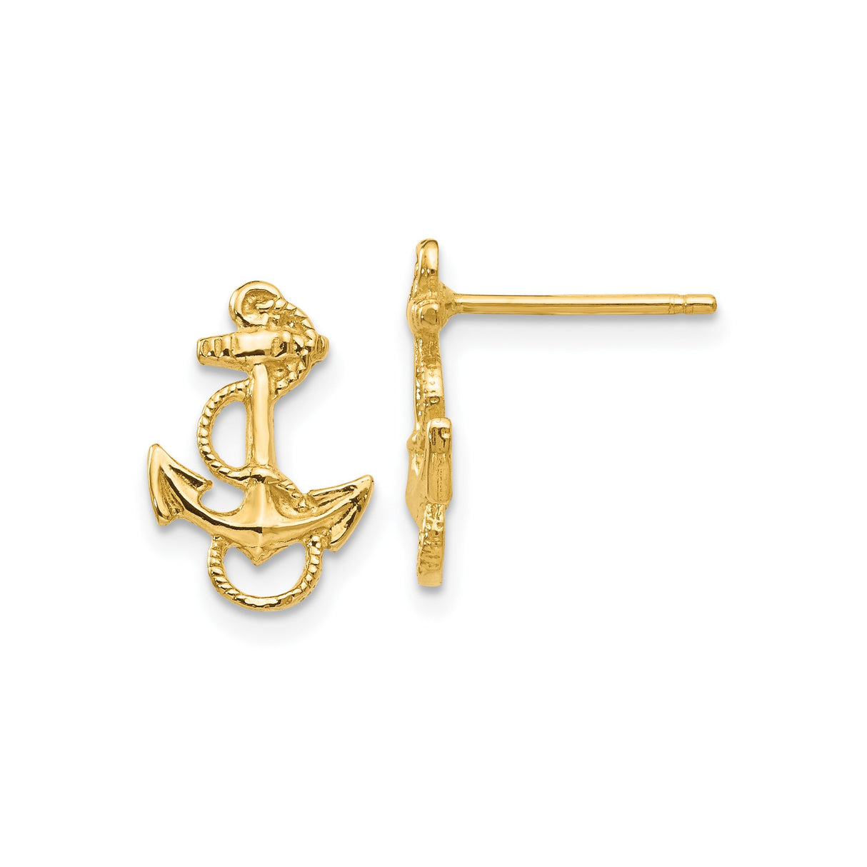 14k Yellow Gold Anchor Stud Earrings with Rope Design, Nautical Theme Jewelry for Women