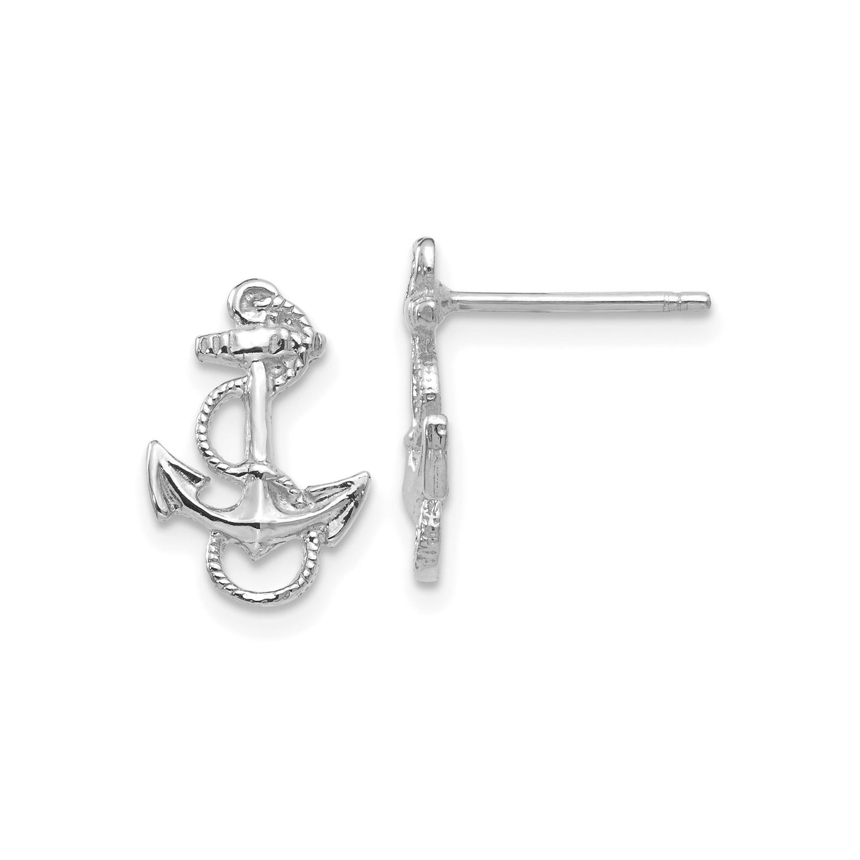 14k White Gold Anchor Stud Earrings with Rope Detail, Nautical and Christian Sea Theme