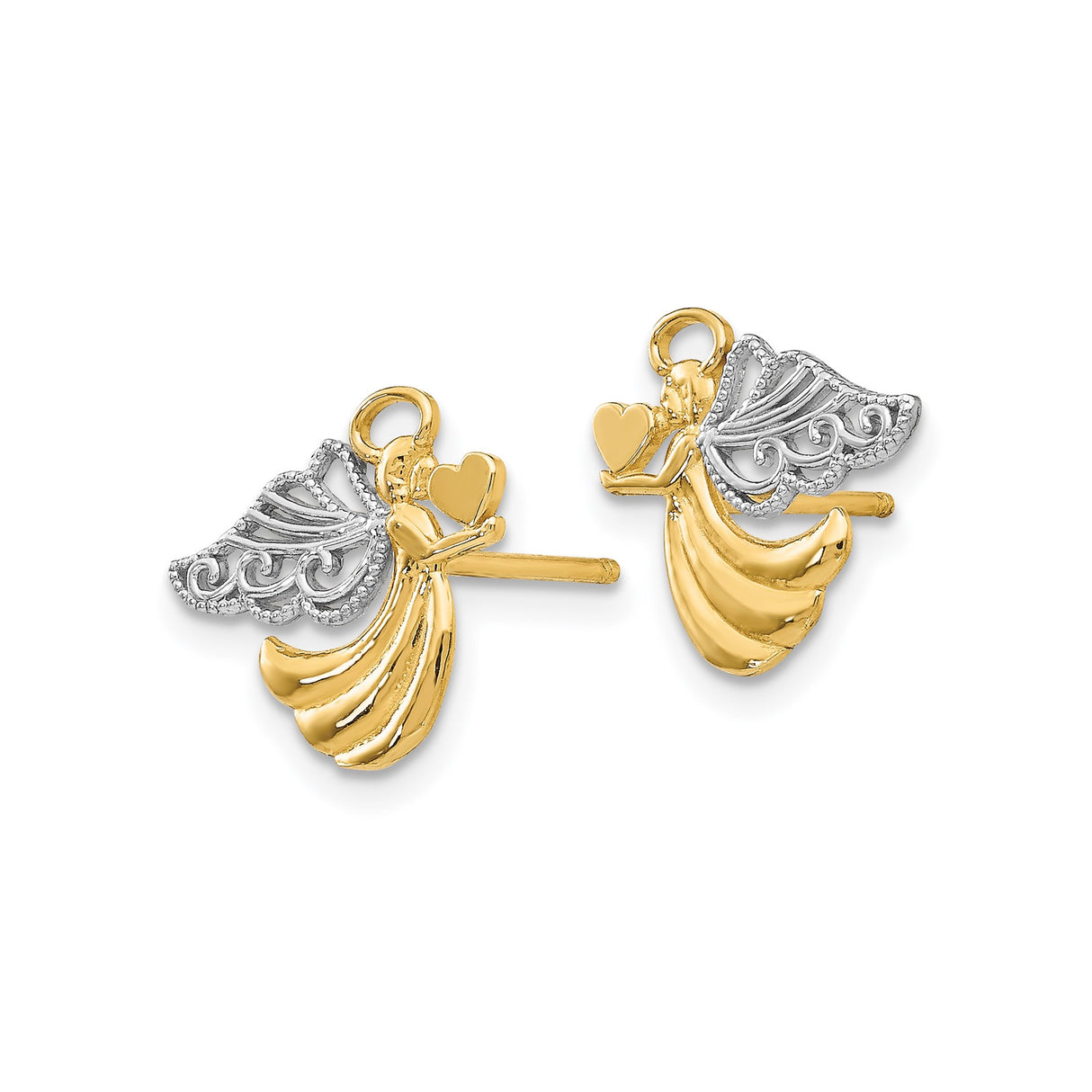 14k Yellow Gold Angel Stud Earrings with Filigree Wings and Heart Detail
