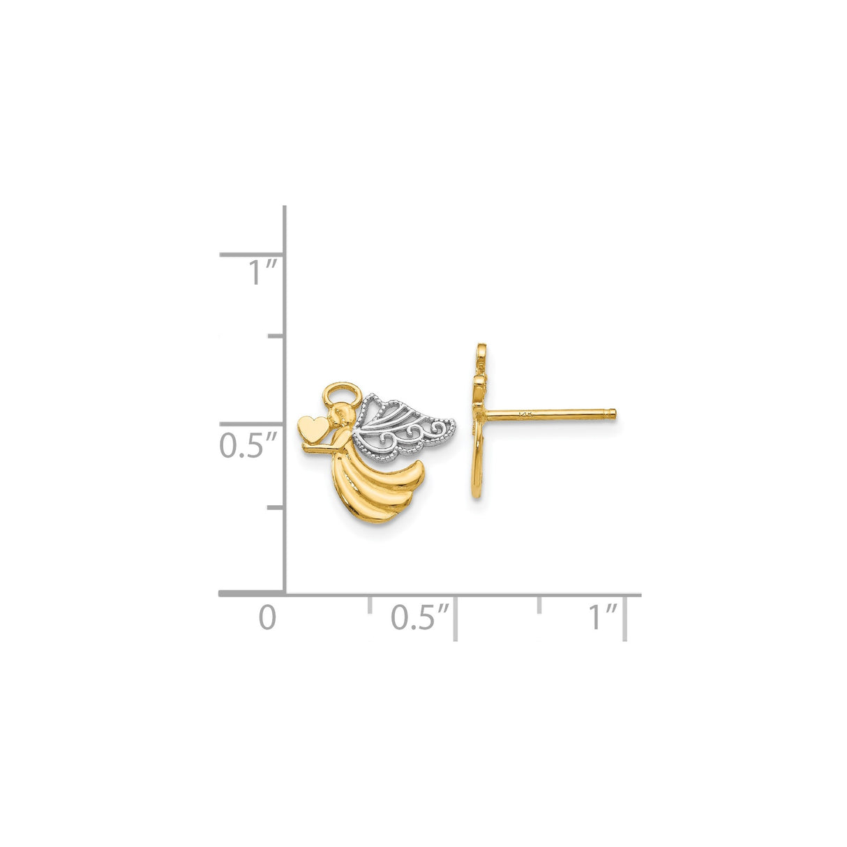 14k Yellow Gold Angel Stud Earrings with Filigree Wings and Heart Detail