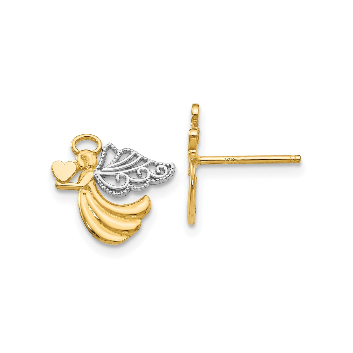 14k Yellow Gold Angel Stud Earrings with Filigree Wings and Heart Detail