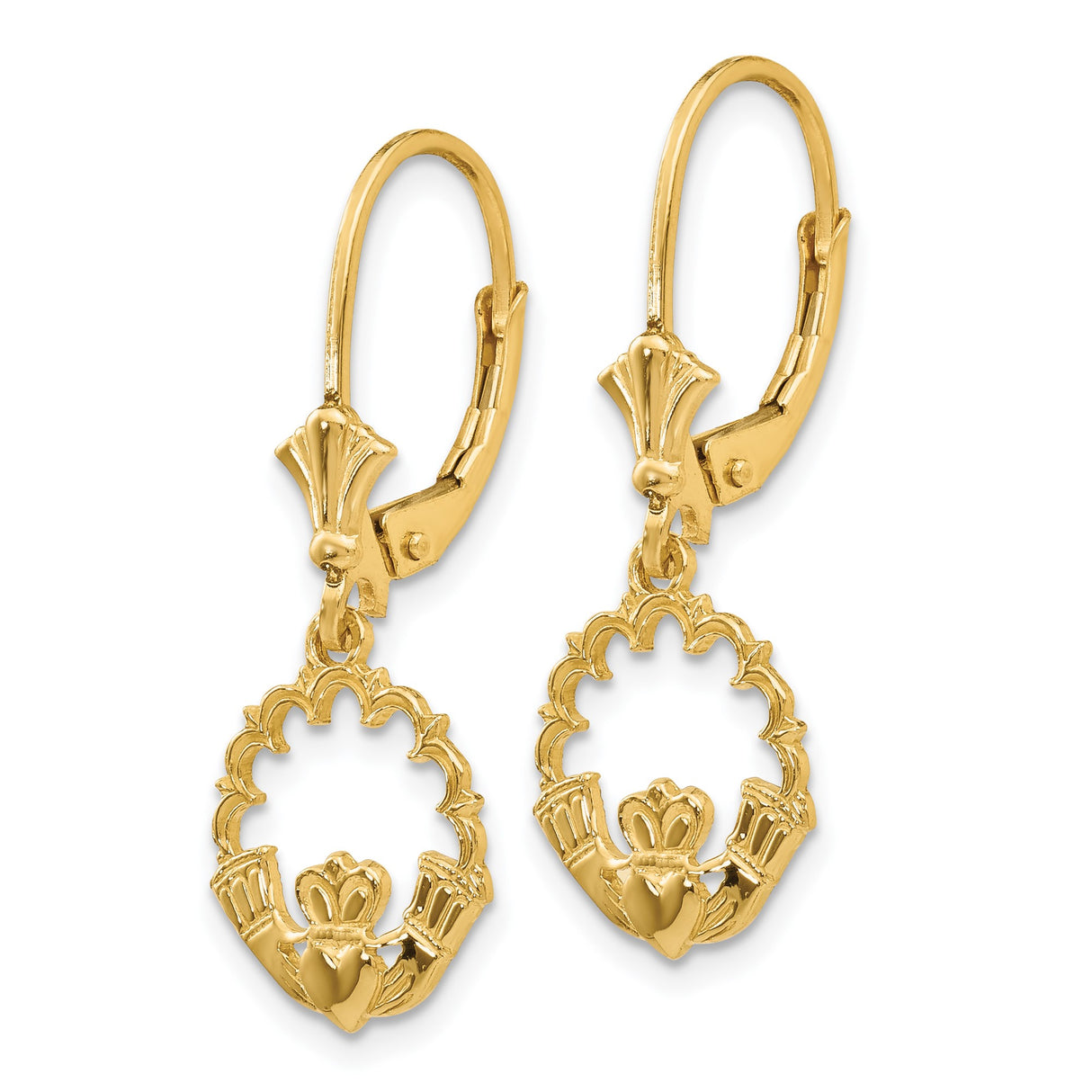 14k Yellow Gold Claddagh Dangle Earrings with Leverback, Celtic Heart Crown Hands Design