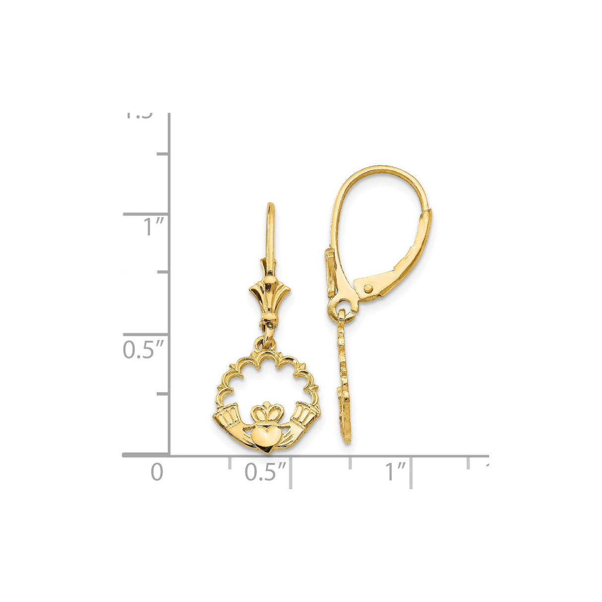 14k Yellow Gold Claddagh Dangle Earrings with Leverback, Celtic Heart Crown Hands Design
