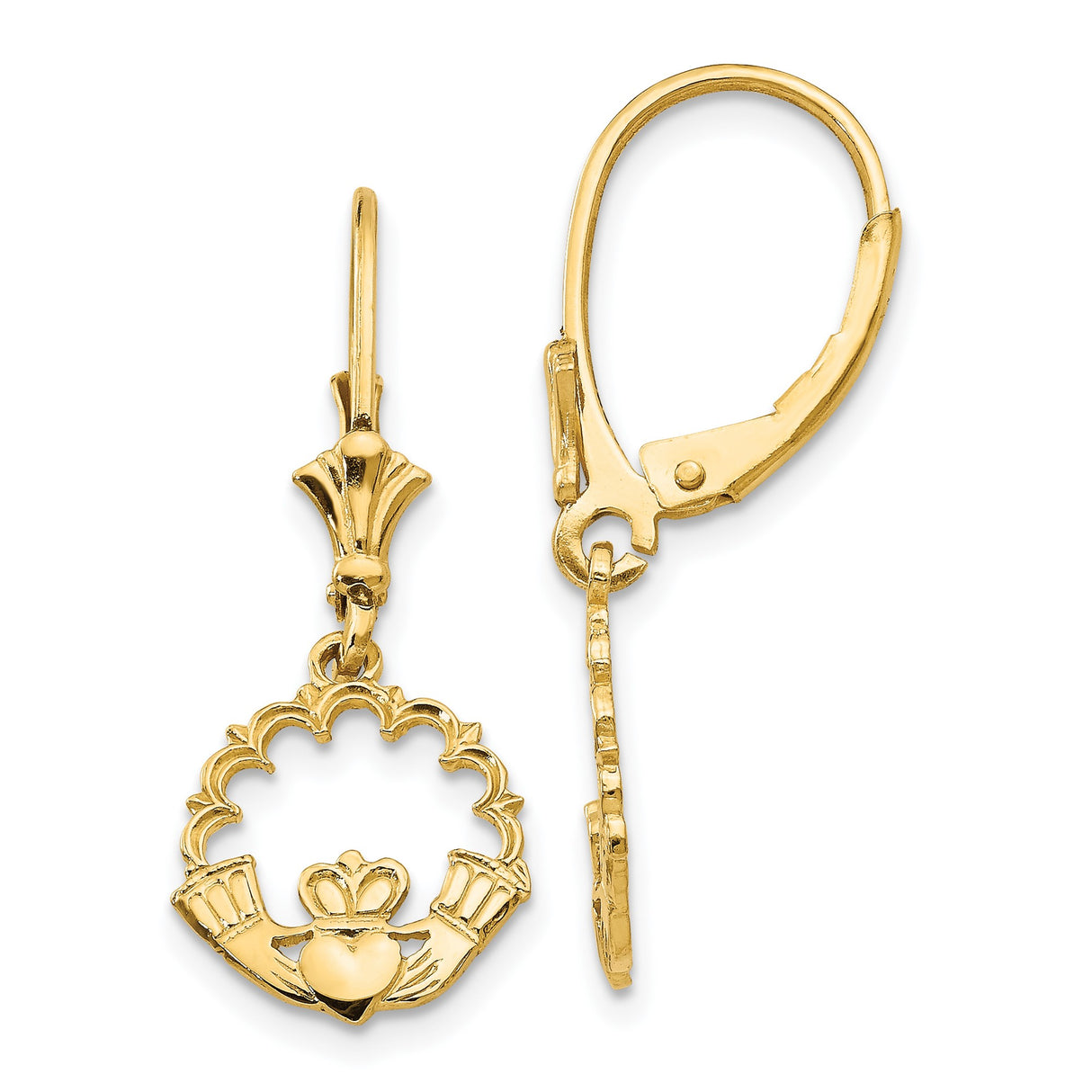 14k Yellow Gold Claddagh Dangle Earrings with Leverback, Celtic Heart Crown Hands Design