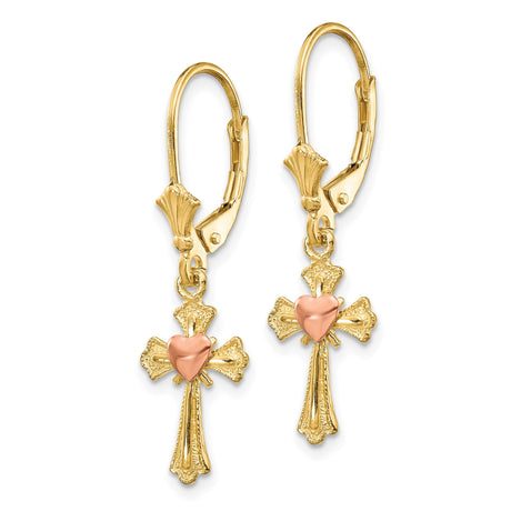 14k Yellow Gold Cross Pendant Earrings with Heart Charm and Flared Edges, Multi-Tone Design