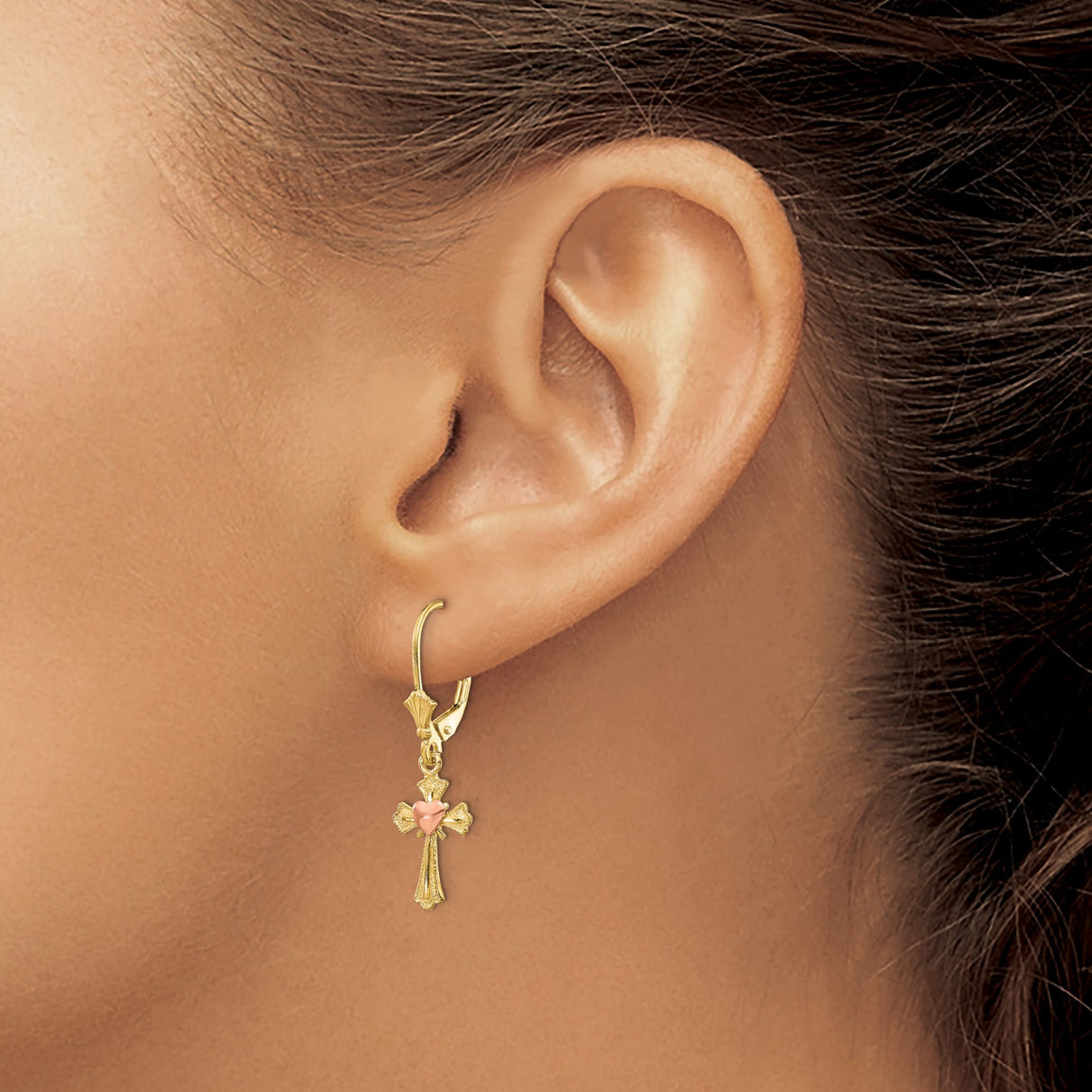 14k Yellow Gold Cross Pendant Earrings with Heart Charm and Flared Edges, Multi-Tone Design