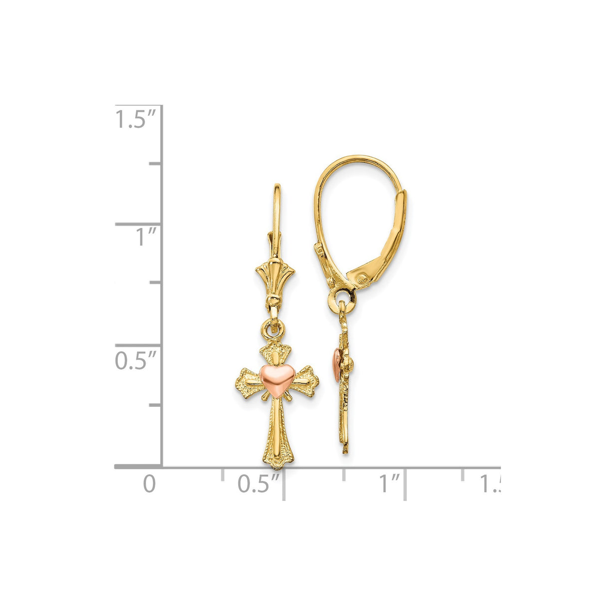 14k Yellow Gold Cross Pendant Earrings with Heart Charm and Flared Edges, Multi-Tone Design
