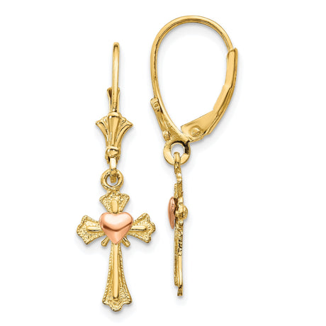 14k Yellow Gold Cross Pendant Earrings with Heart Charm and Flared Edges, Multi-Tone Design