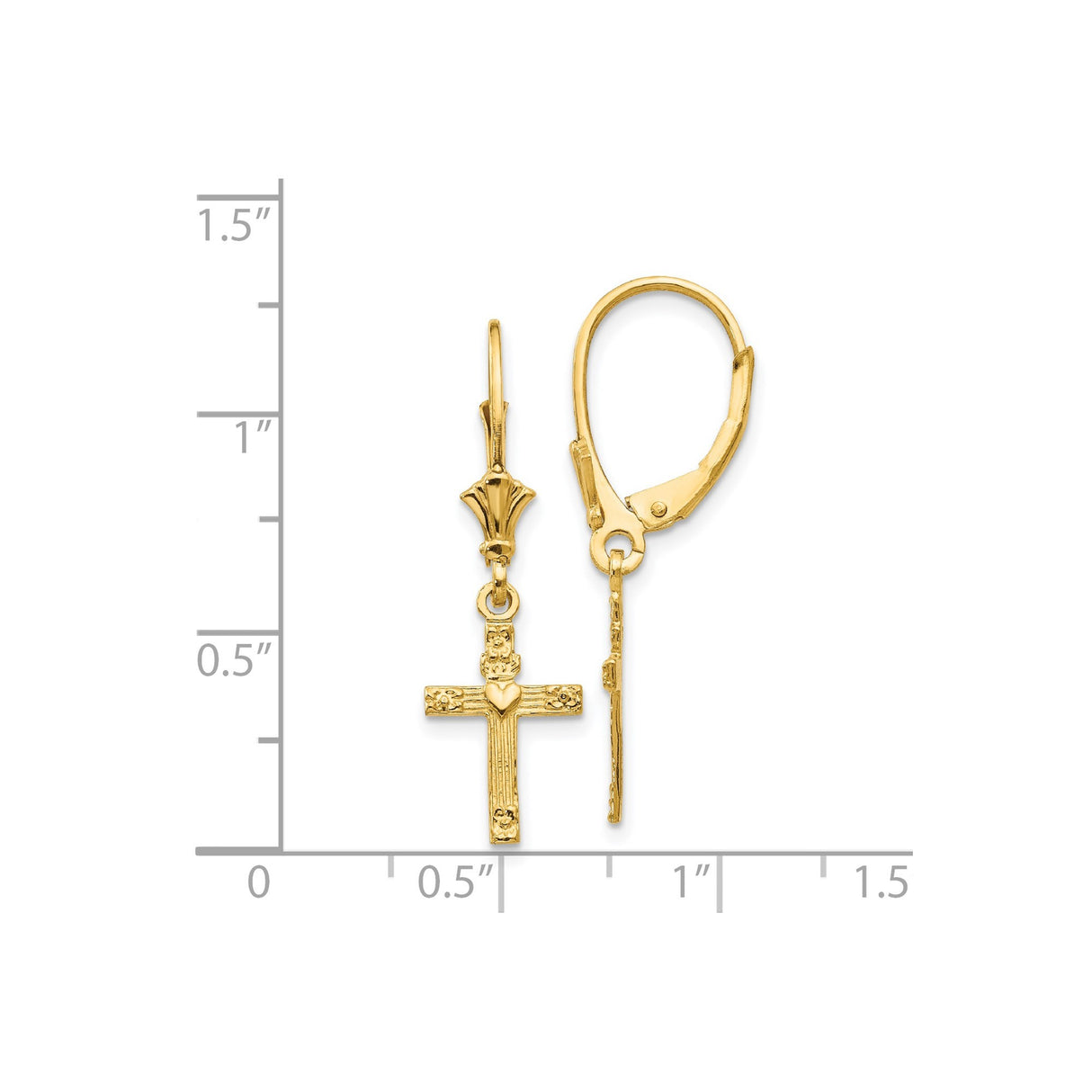 14k Yellow Gold Cross Pendant with Heart Center and Textured Floral Motif
