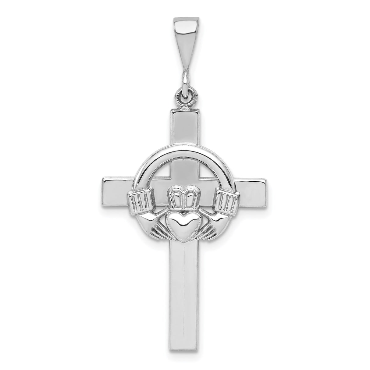 14k White Gold Claddagh Cross Pendant with Heart and Crown Symbol for Men and Women