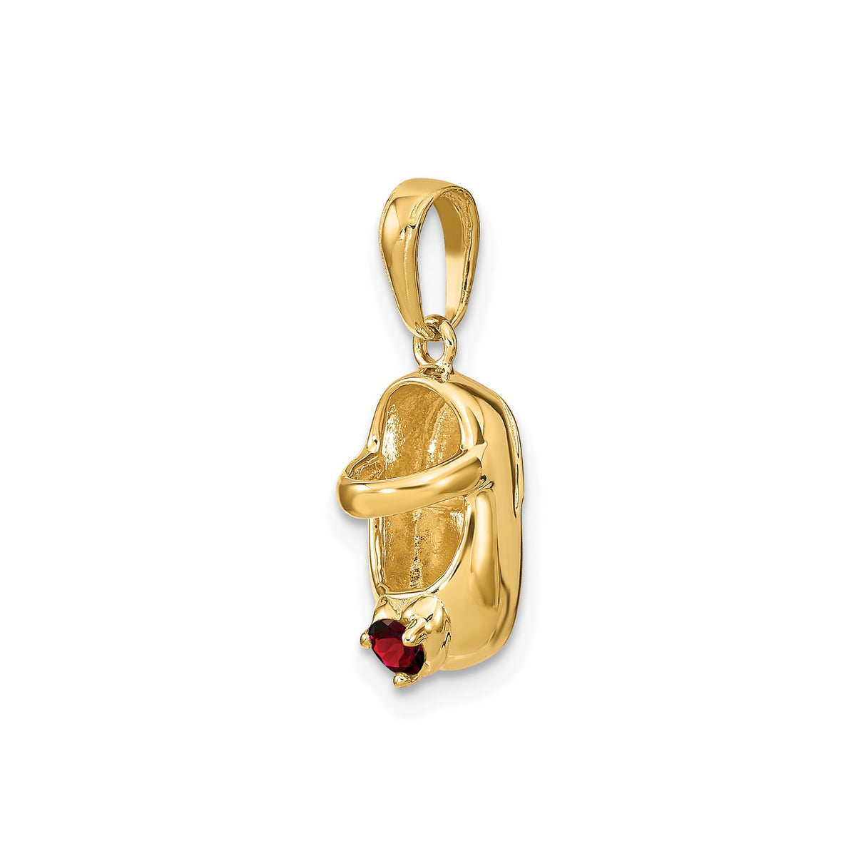 14k Yellow Gold Baby Shoe Pendant with Synthetic Red Garnet, Symbolic Motherhood Keepsake