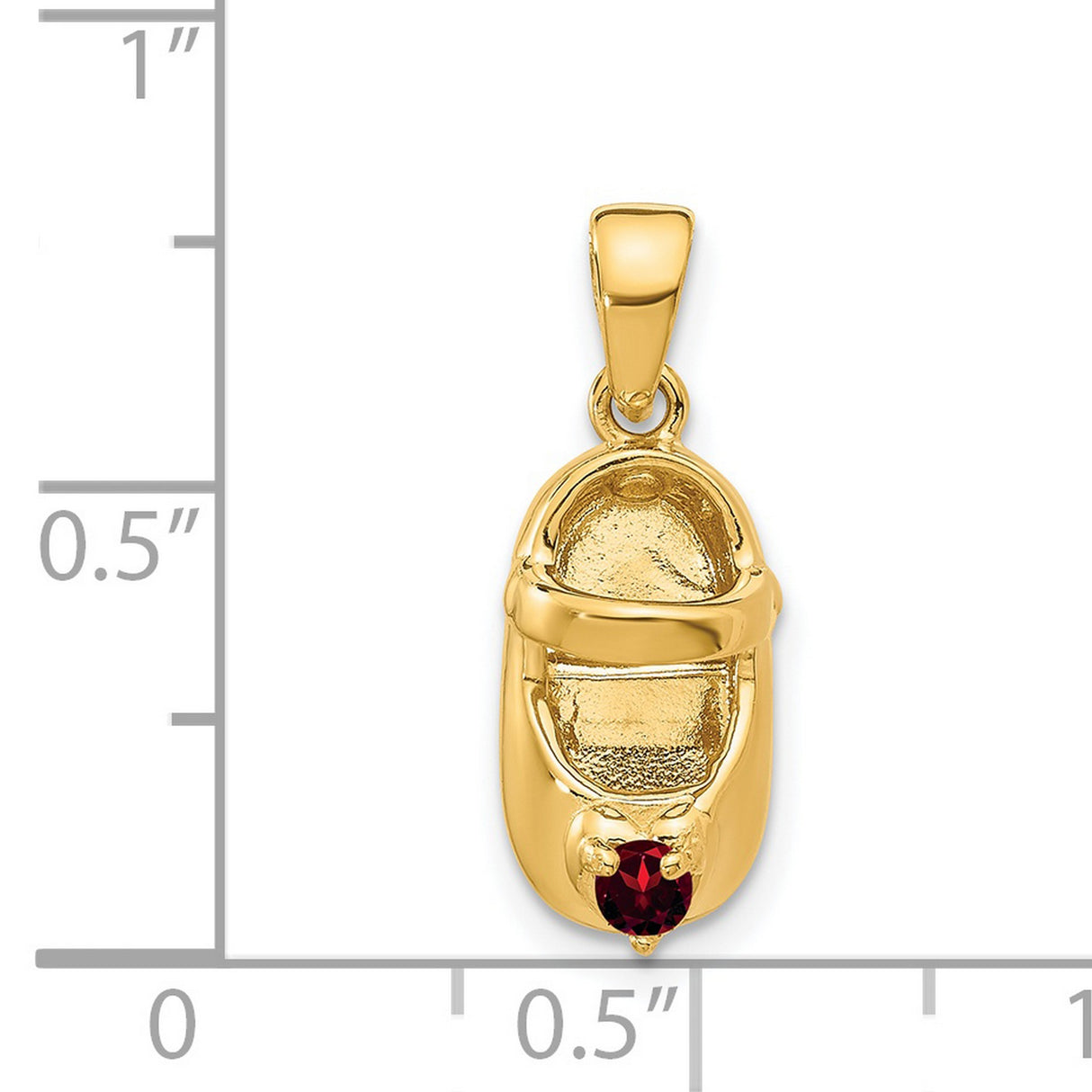 14k Yellow Gold Baby Shoe Pendant with Synthetic Red Birthstone, Symbolic Motherhood Charm