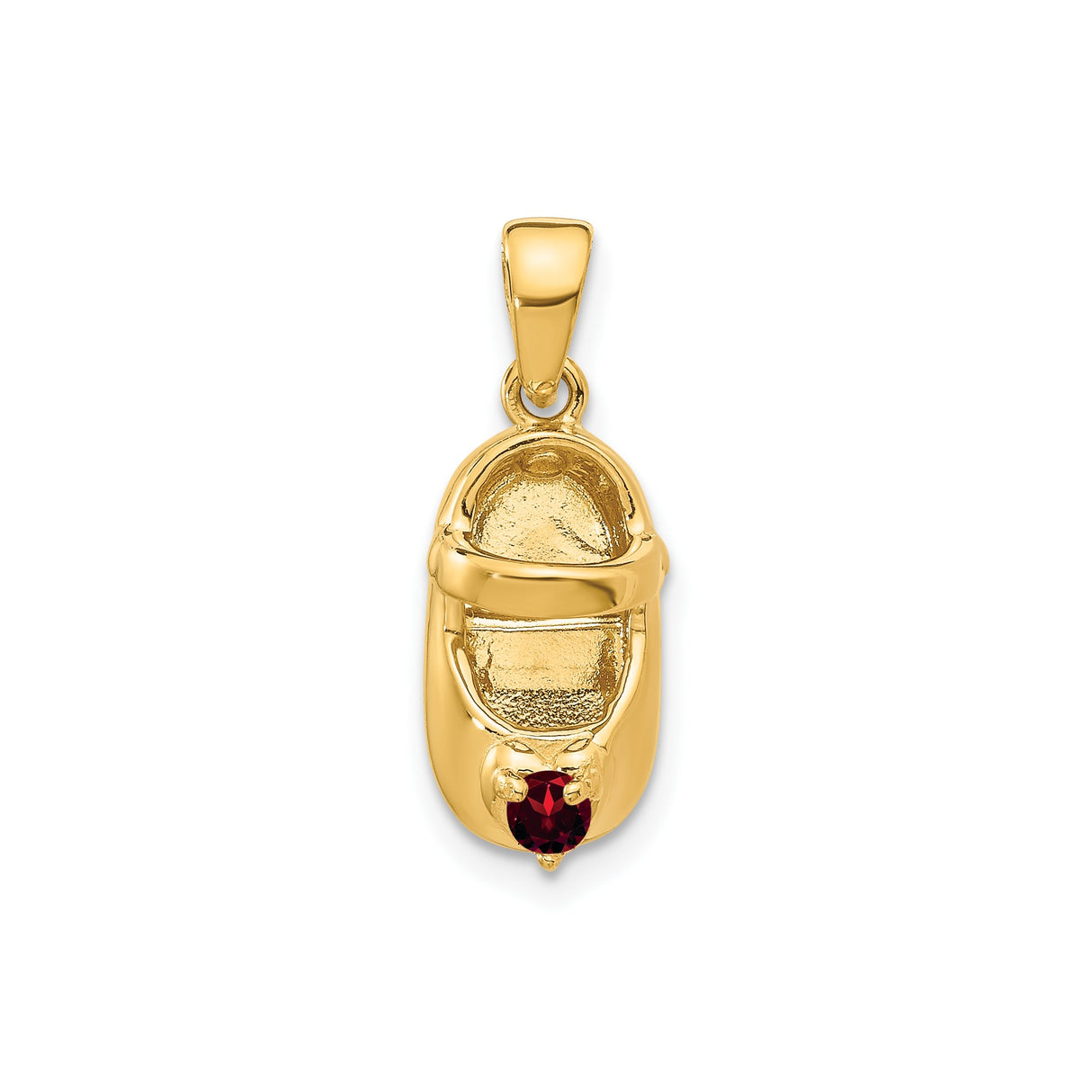 14k Yellow Gold Baby Shoe Pendant with Synthetic Red Garnet, Symbolic Motherhood Keepsake