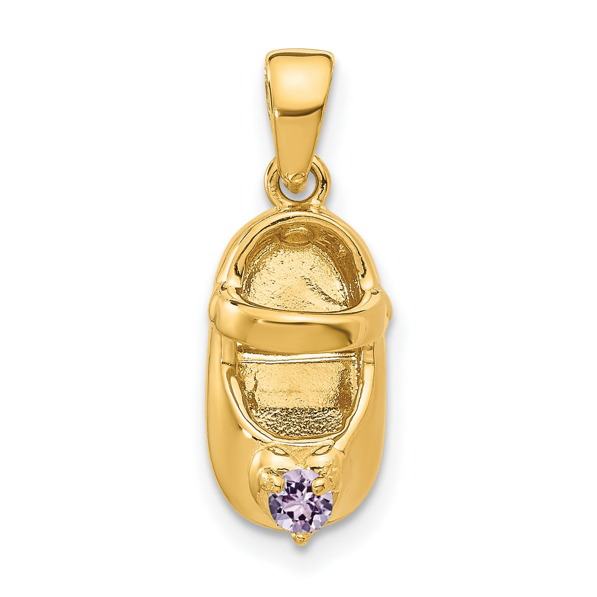 3-D June Synthetic Stone Engravable Baby Shoe Charm Pendant in Real 14k Yellow Gold