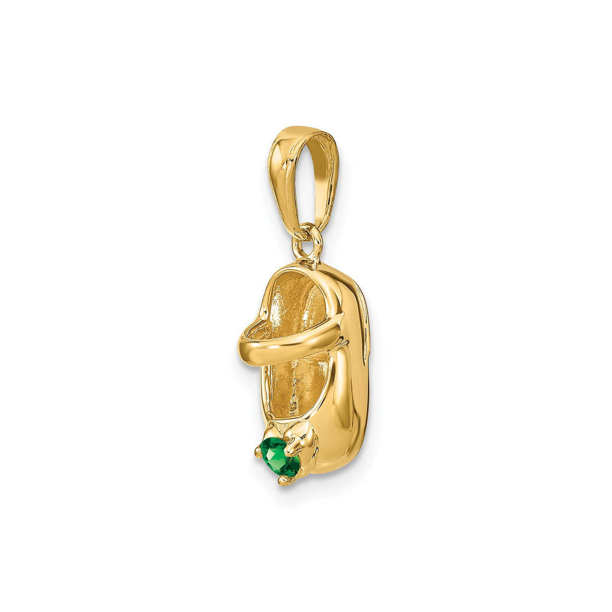 14k Yellow Gold Baby Shoe Pendant with Synthetic Emerald, May Birthstone Charm