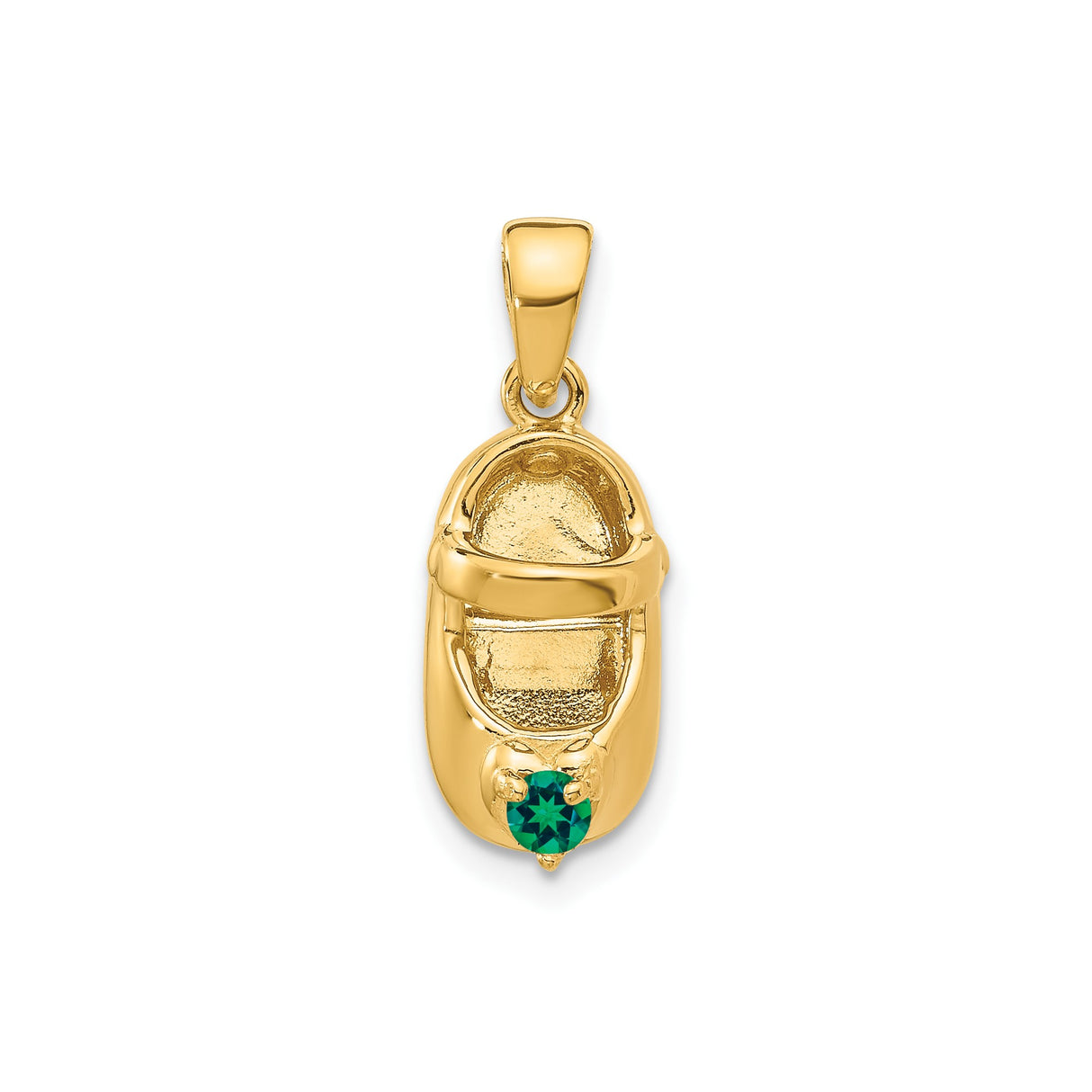 14k Yellow Gold Baby Shoe Pendant with Synthetic Emerald, May Birthstone Charm