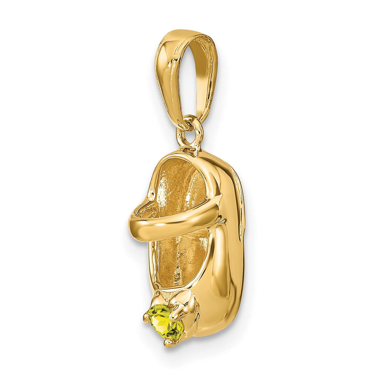 14k Yellow Gold Baby Shoe Pendant with Light Green Synthetic Birthstone, Engravable Charm