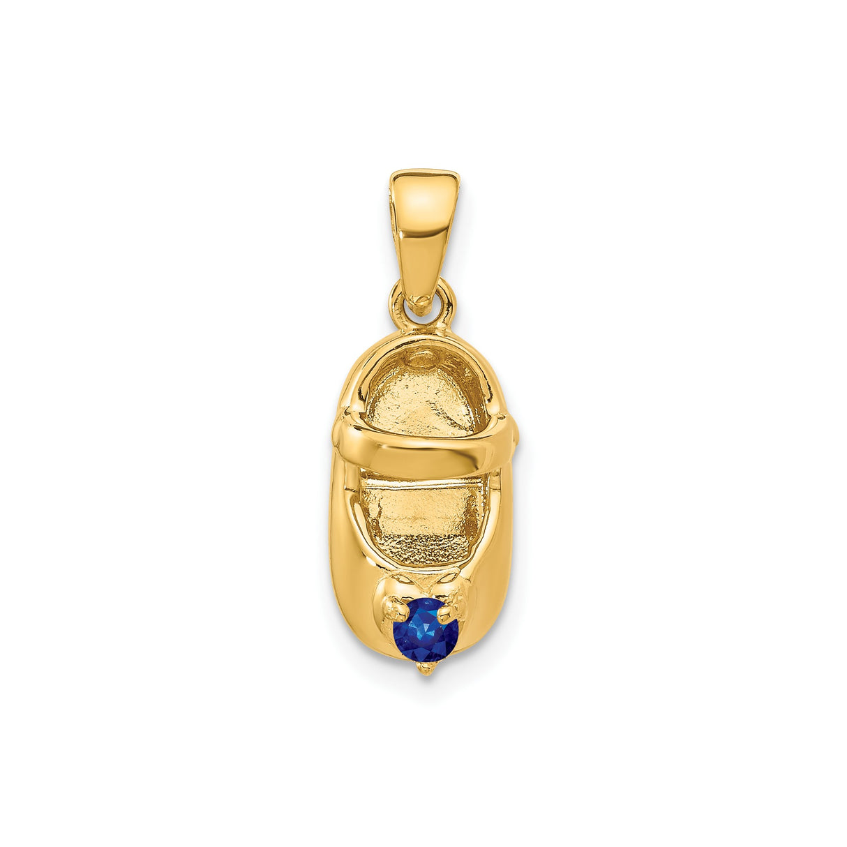 14k Yellow Gold Baby Shoe Pendant with Synthetic Sapphire, Birthstone Charm for Moms