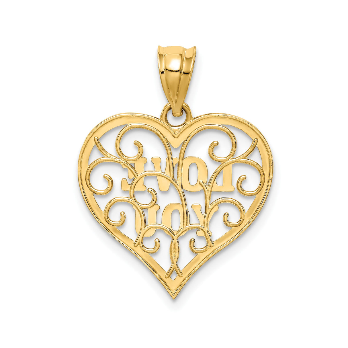 14k Multi-Tone Gold Heart Pendant with Open Filigree Design and Love You Message for Women