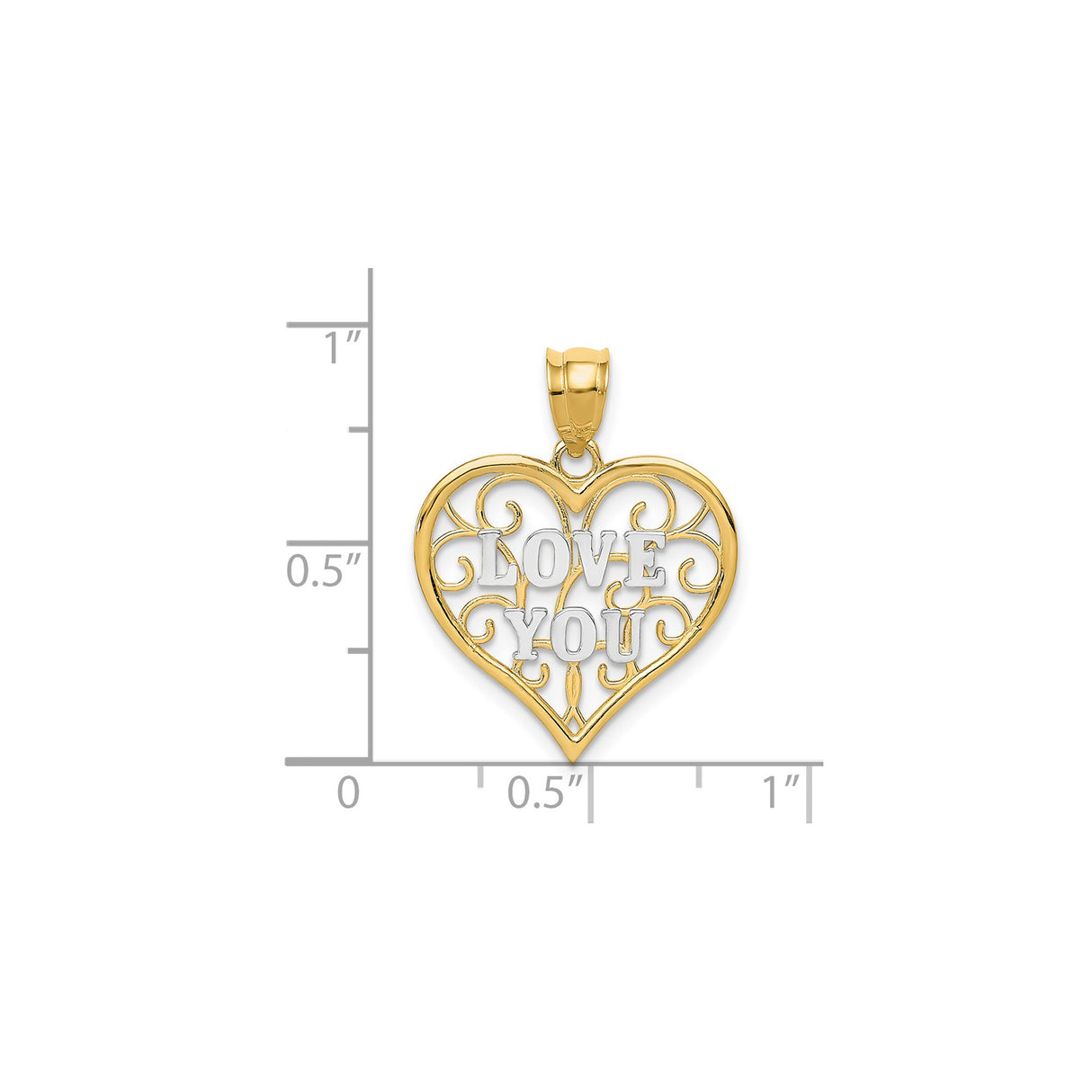 14k Multi-Tone Gold Heart Pendant with Open Filigree Design and Love You Message for Women