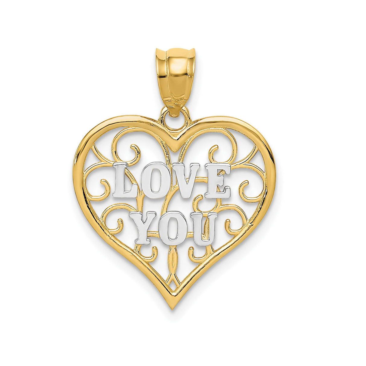 14k Multi-Tone Gold Heart Pendant with Open Filigree Design and Love You Message for Women