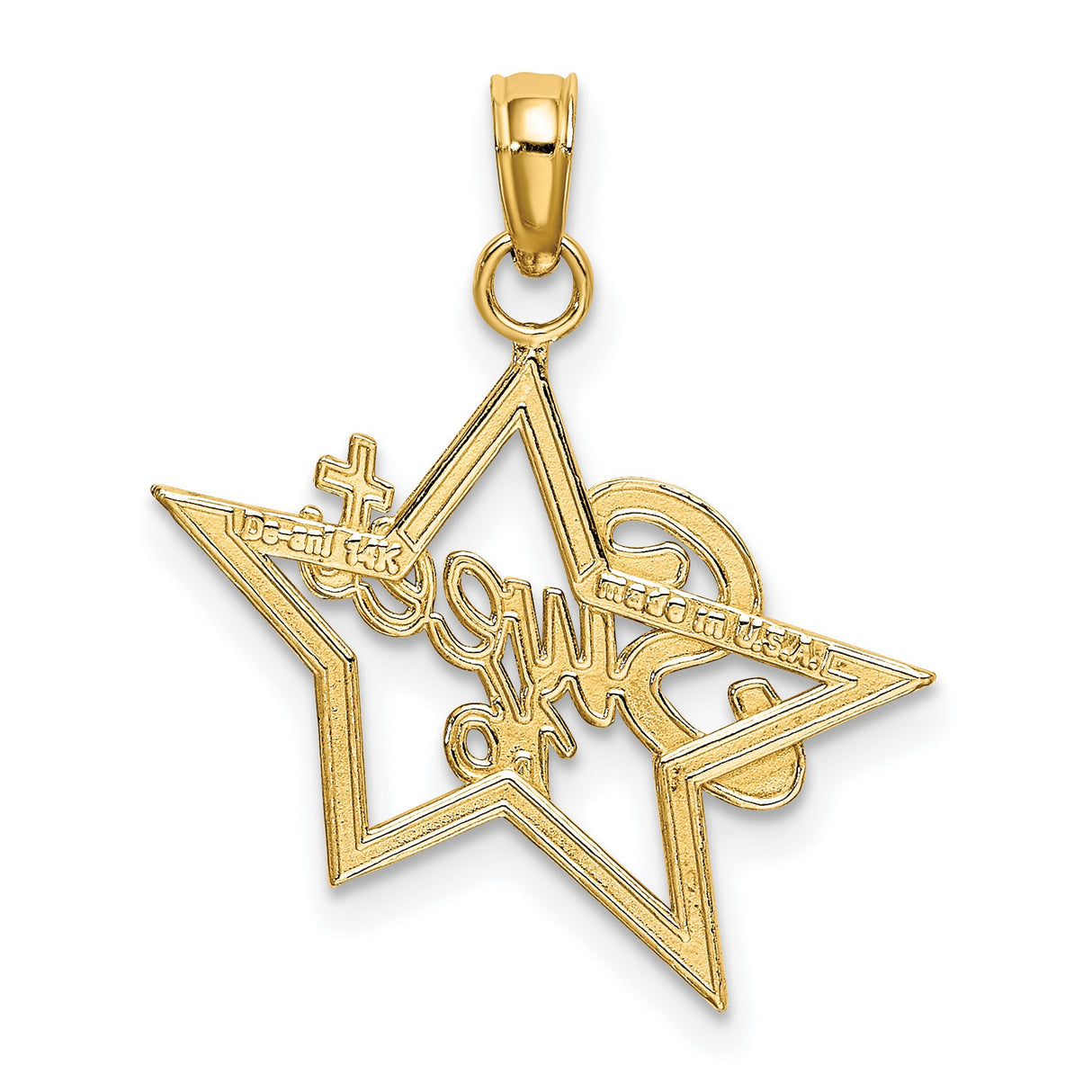 14k Yellow Gold Sweet 16 Pendant with Open Star Design and Script Lettering