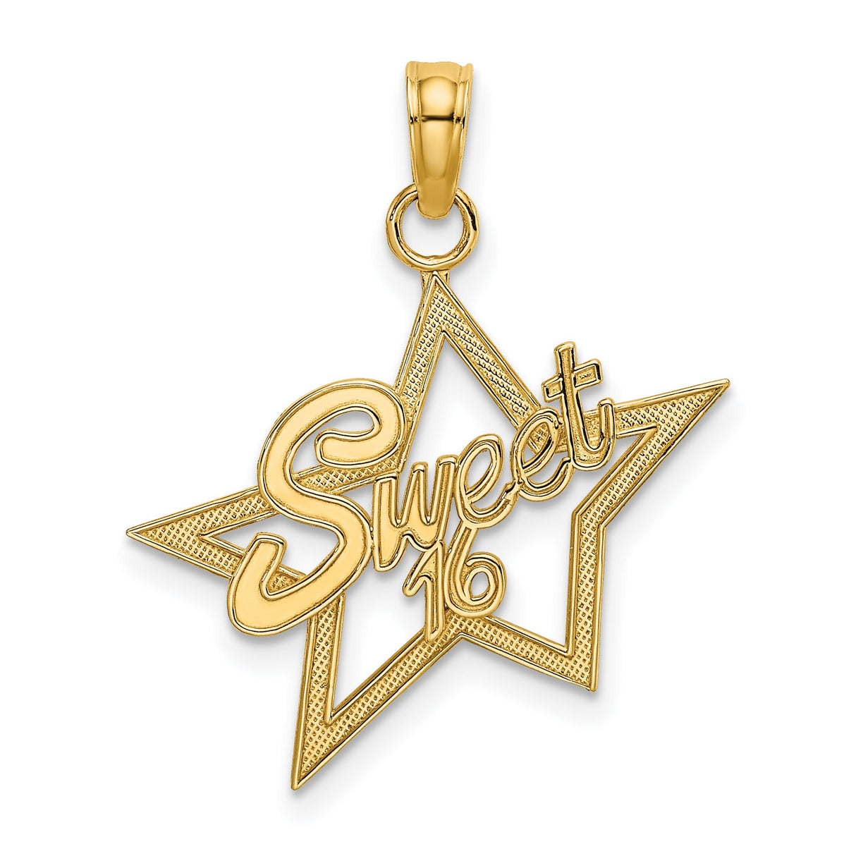 14k Yellow Gold Sweet 16 Pendant with Open Star Design and Script Lettering