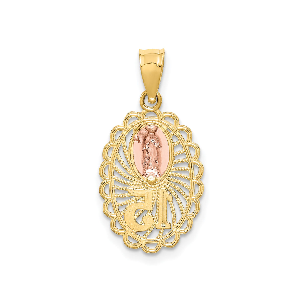 14k Two-Tone Gold Virgin Mary Pendant with Number 15, Quinceañera Religious Charm