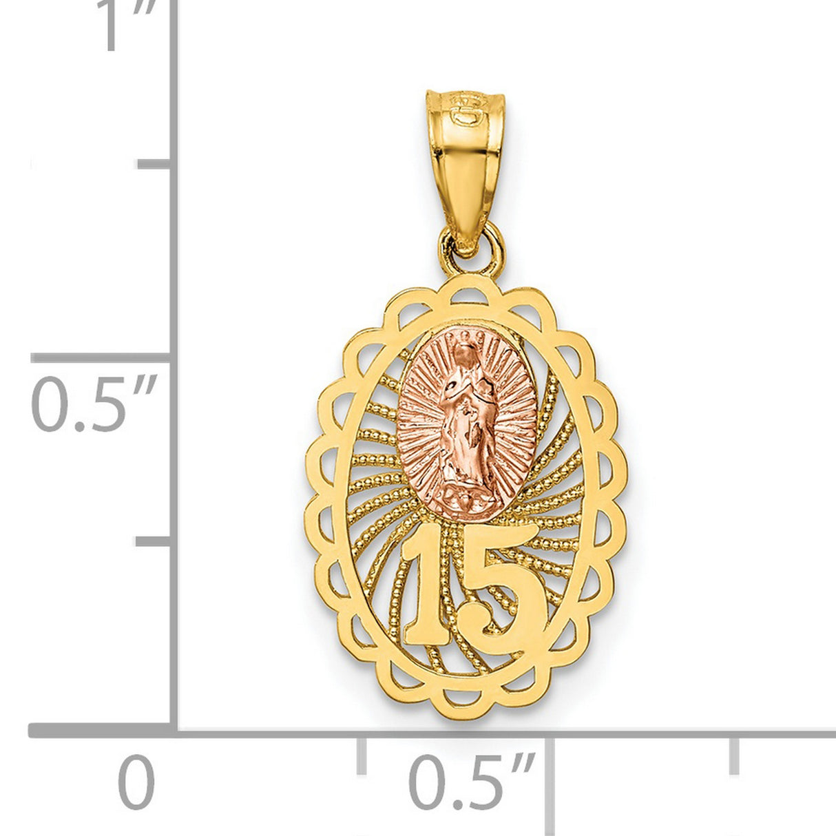 14k Two-Tone Gold Virgin Mary Pendant with Number 15, Quinceañera Religious Charm