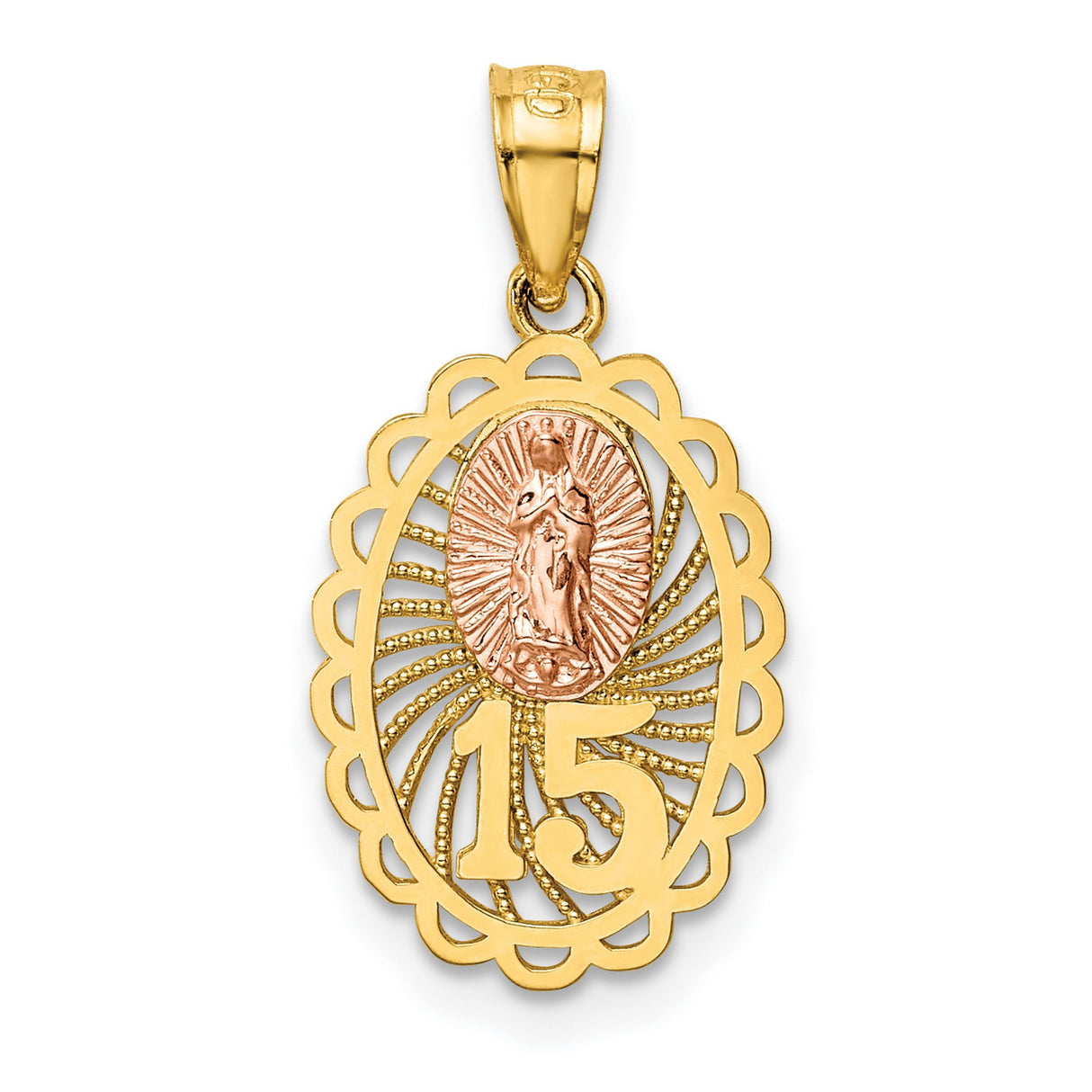 14k Two-Tone Gold Virgin Mary Pendant with Number 15, Quinceañera Religious Charm