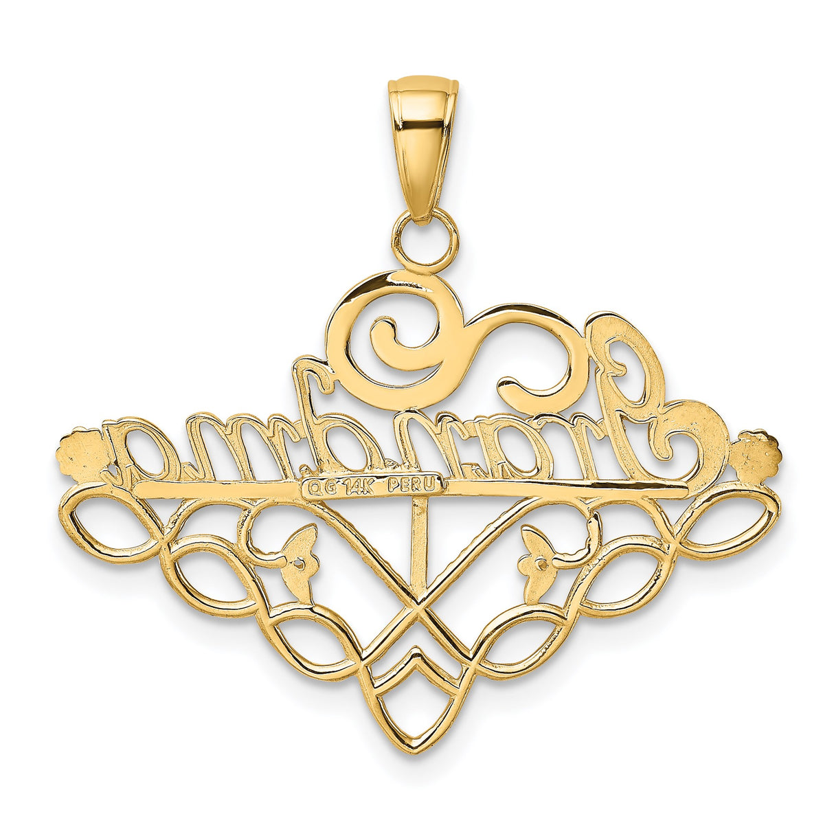 14k Yellow Gold Grandma Pendant with Heart, Floral Detail, and Scroll Design