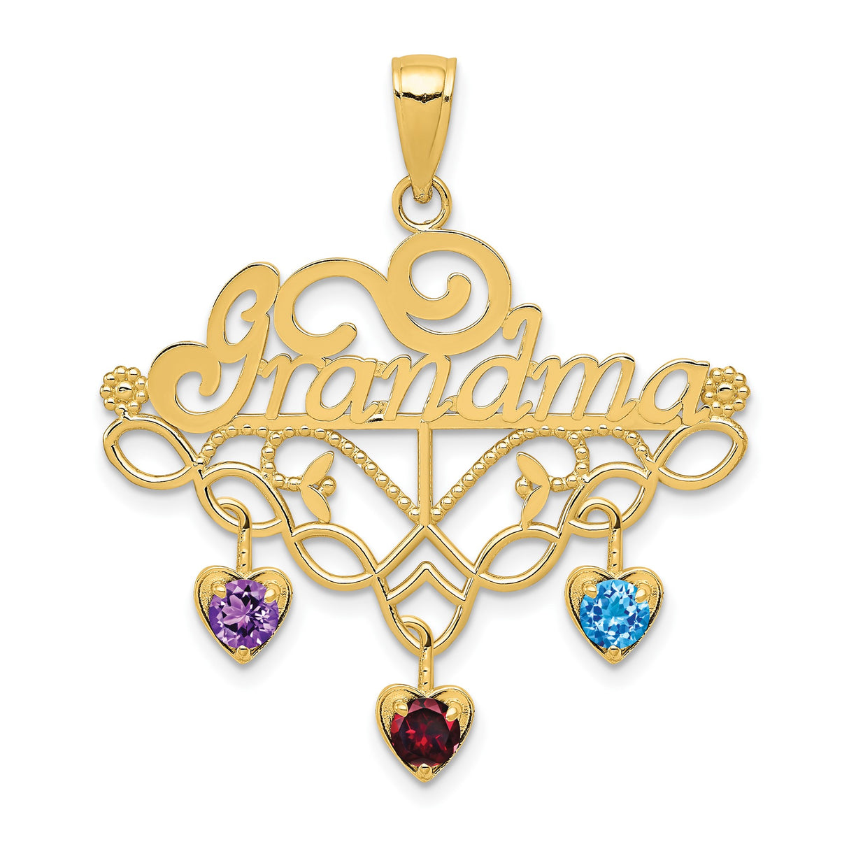 14k Yellow Gold Grandma Pendant with Heart, Floral Detail, and Scroll Design