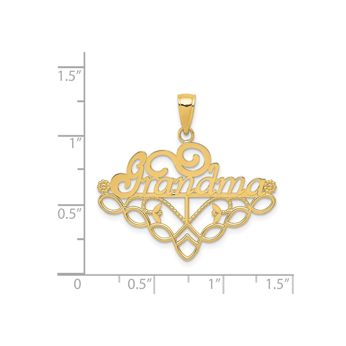 14k Yellow Gold Grandma Pendant with Heart, Floral Detail, and Scroll Design