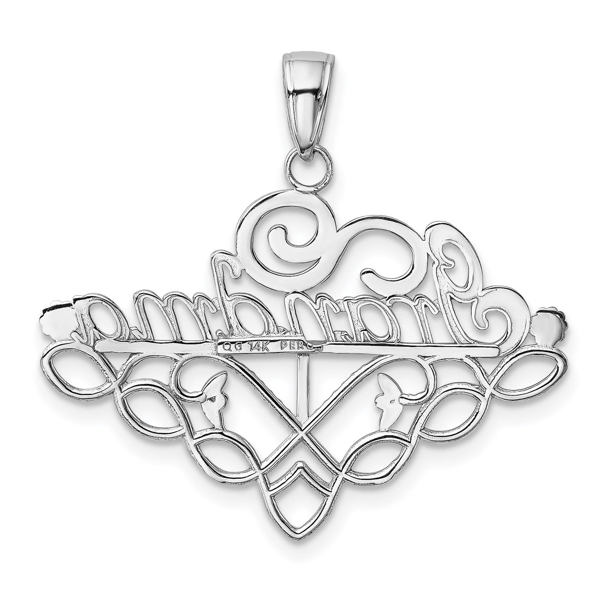 14k White Gold Grandma Pendant with Script and Floral Filigree Detailing