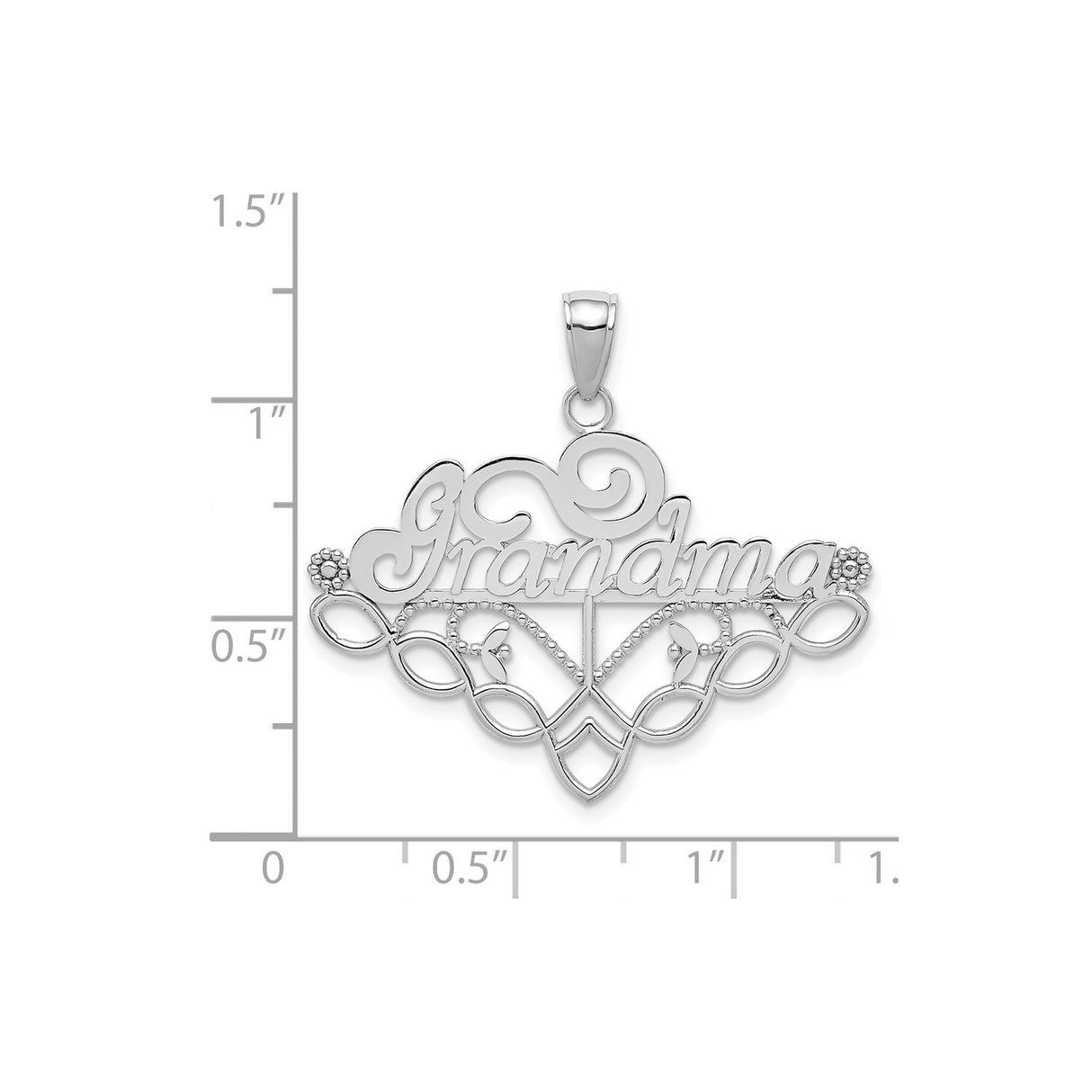 14k White Gold Grandma Pendant with Script and Floral Filigree Detailing