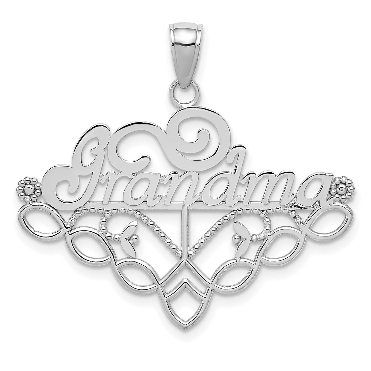 14k White Gold Grandma Pendant with Script and Floral Filigree Detailing